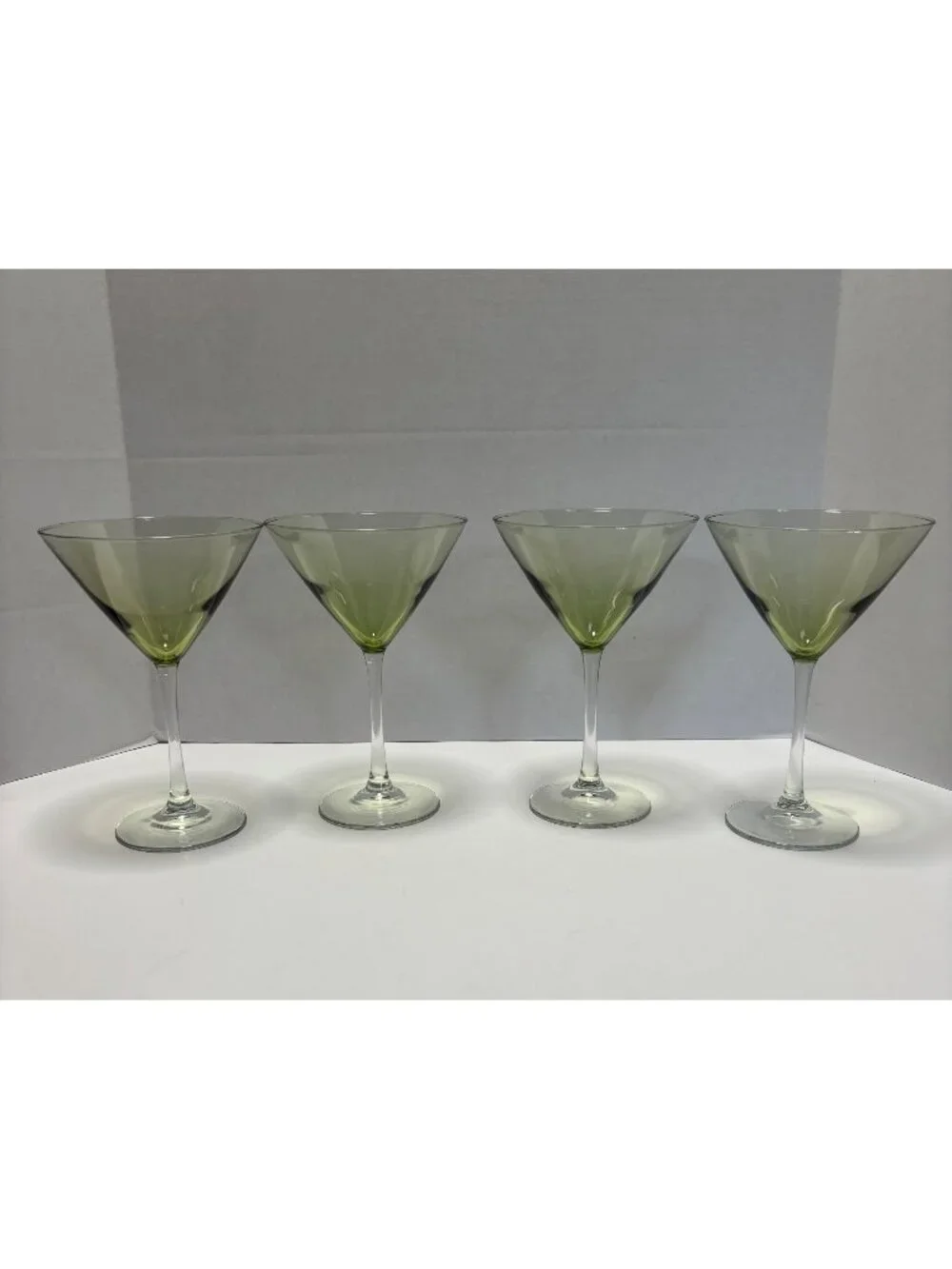 Olive Green Hand Blown Martini Glasses Elegant Design VTG 90s Barware Set Of 4